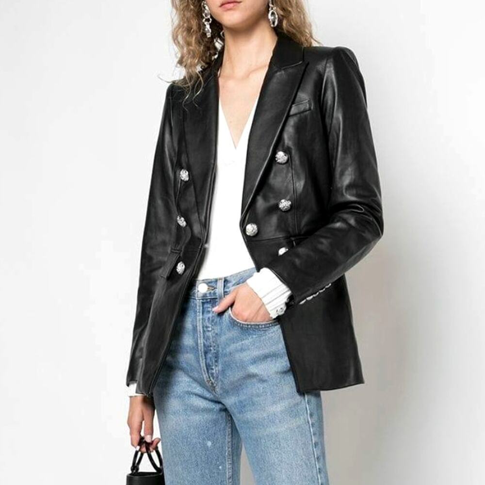 Veronica Beard Gaya Lamb Leather Dickey Jacket Silver Black Blazer $1395